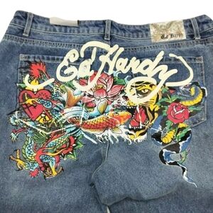 ED HARDY Multi Tattoo Low Waist Baggy Jeans Women's Size 32 Painted Logo Koi New
